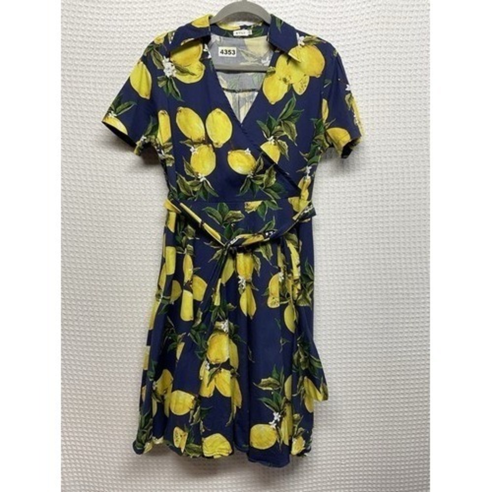 Ayli Lemon Print Short Slv. V-Neck Belt Fit And Flare Midi Dress Women 3XL China